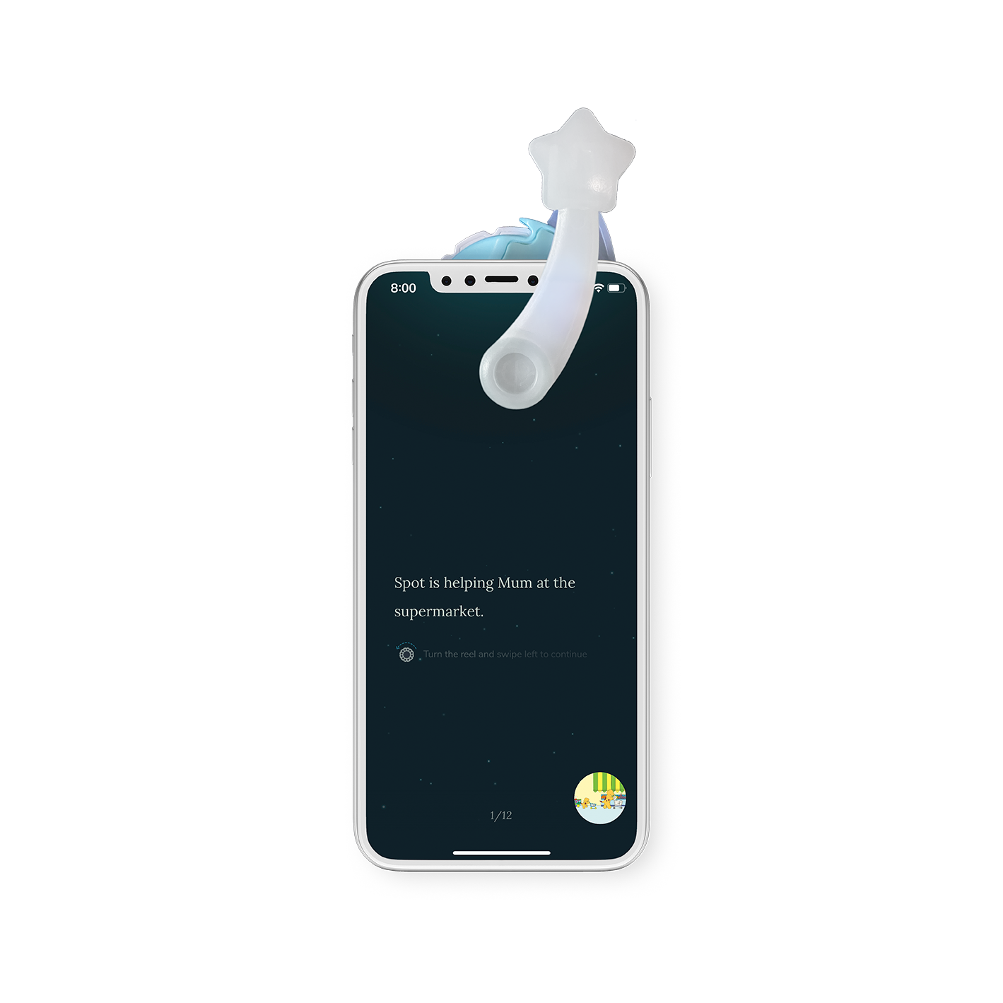 Phone displaying the Moonlite Storytime App story screen.