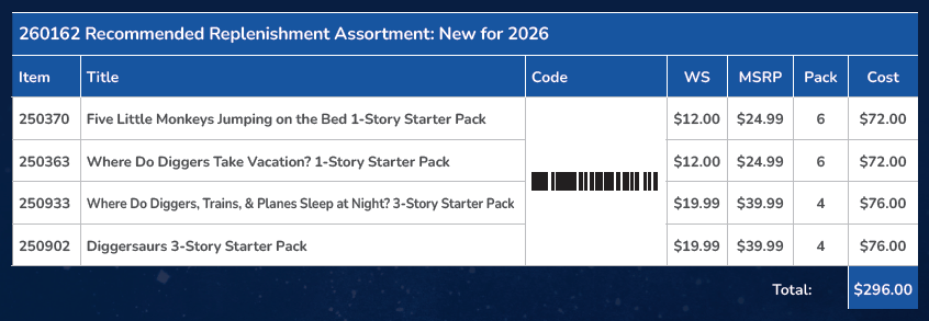 Product catalog page with starter packs for children's books, including title, code, wholesale price, MSRP, pack size, and cost.