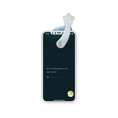 Phone displaying the Moonlite Storytime App story screen.